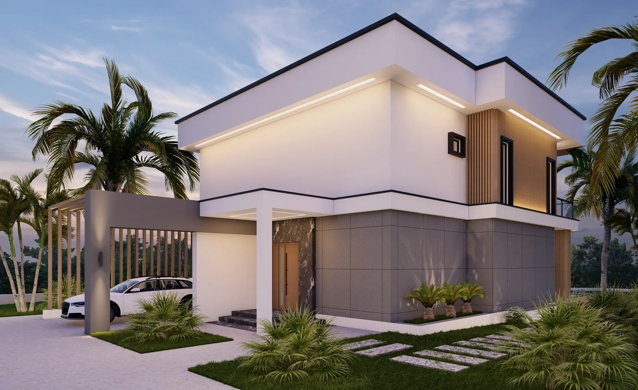 Geniş Bahçeli Modern Villa — Yatay hatları öne çıkan, geniş saçaklarla gölgelenen ve bahçeye tam açılan modern konut.
