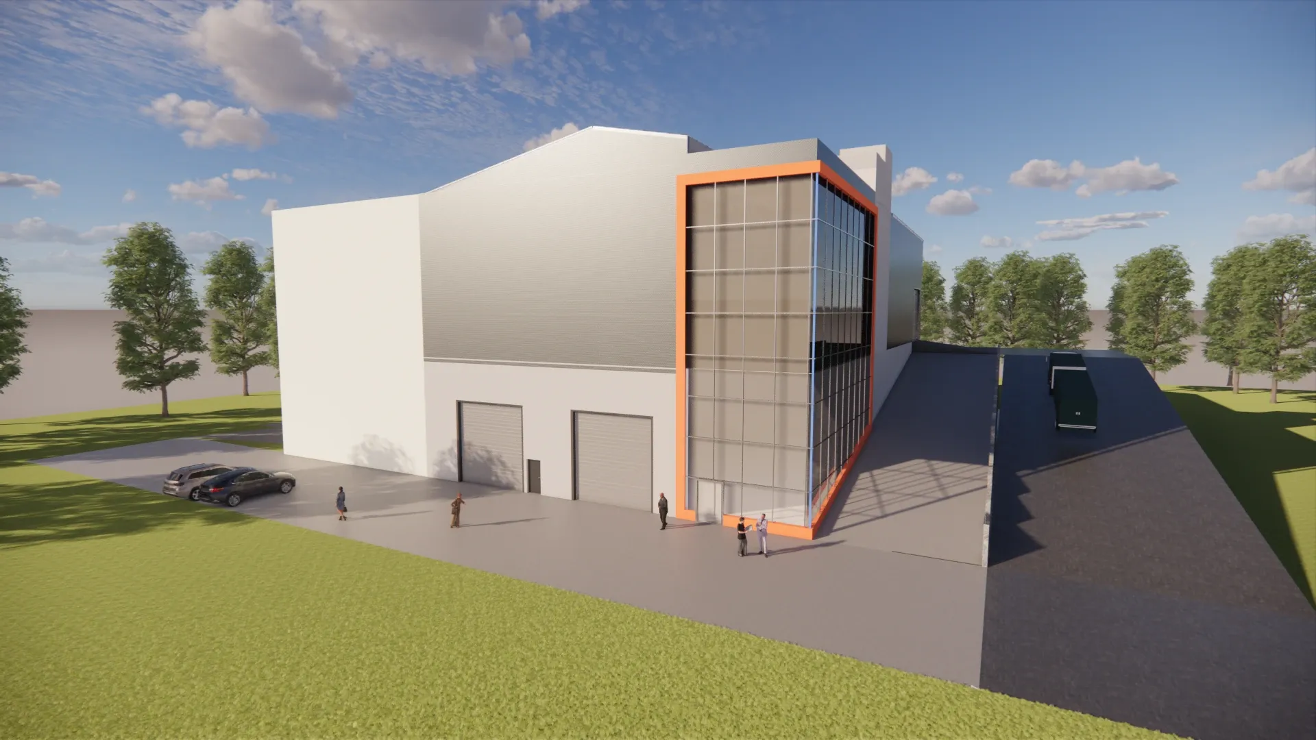 Üretim Tesisi İdari Blok — Üretim holünün girişinde konumlanan, tesise gelen misafirin ilk karşılaştığı idari yapı.