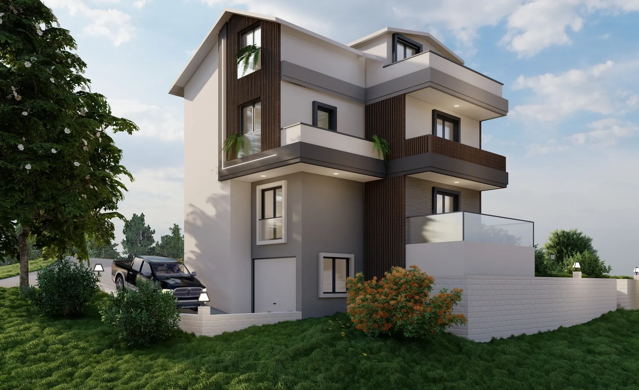 Üç Katlı Konut Bloğu — Cephesinde koyu ve açık yüzeylerin dönüşümlü kullanıldığı, her daireye balkon veren konut bloğu.