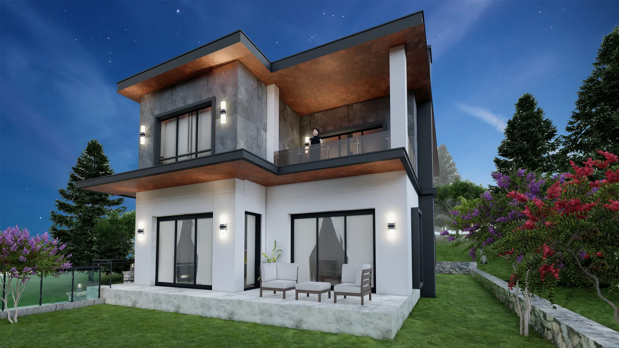 Ahşap Teraslı Villa — Üst katı ahşap tavanlı teras olarak çözülen, bahçesiyle bütün kurgulanan konut.
