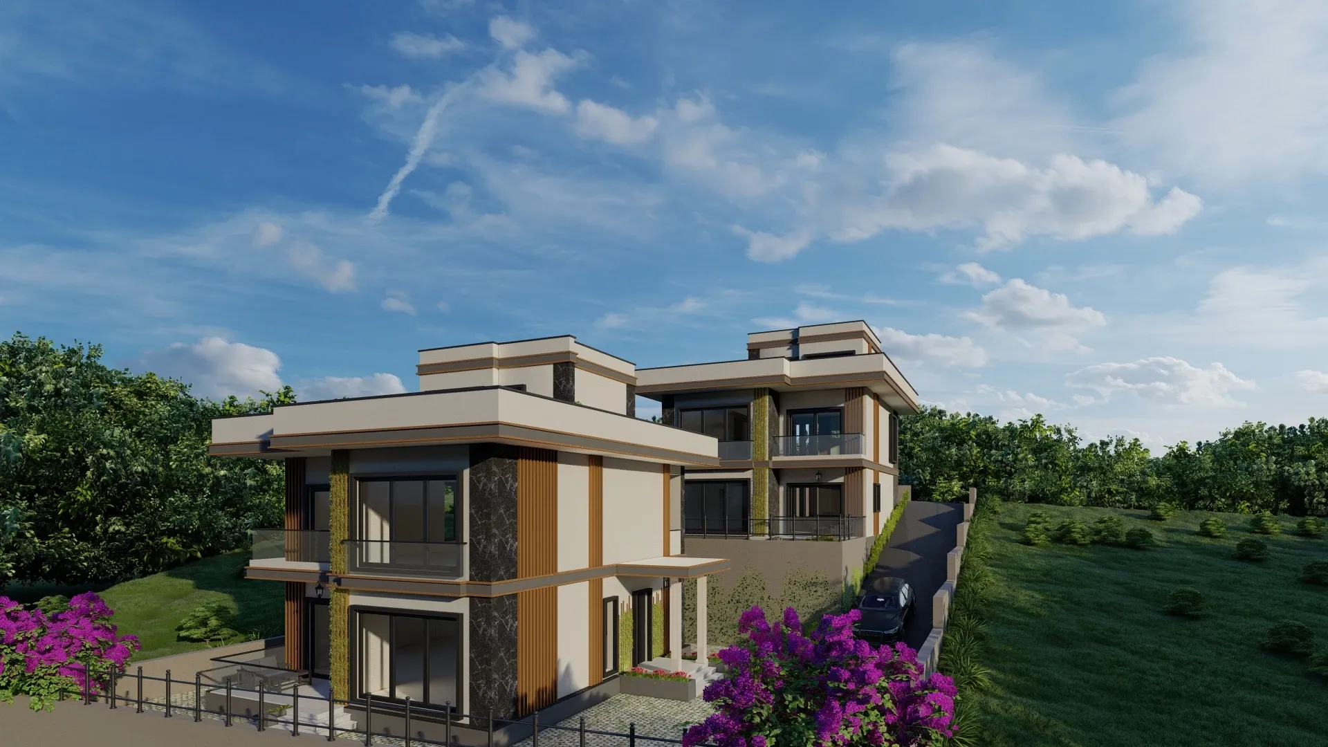 Kademeli Villa Grubu — Eğimli arazide birbirinin manzarasını kapatmayacak şekilde kademelendirilen konut grubu.